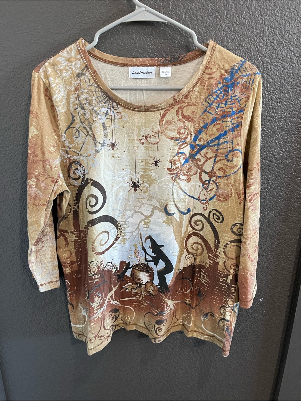 I.b. Diffusion Brown Multi-Print Scoop Neck Long Sleeve Top